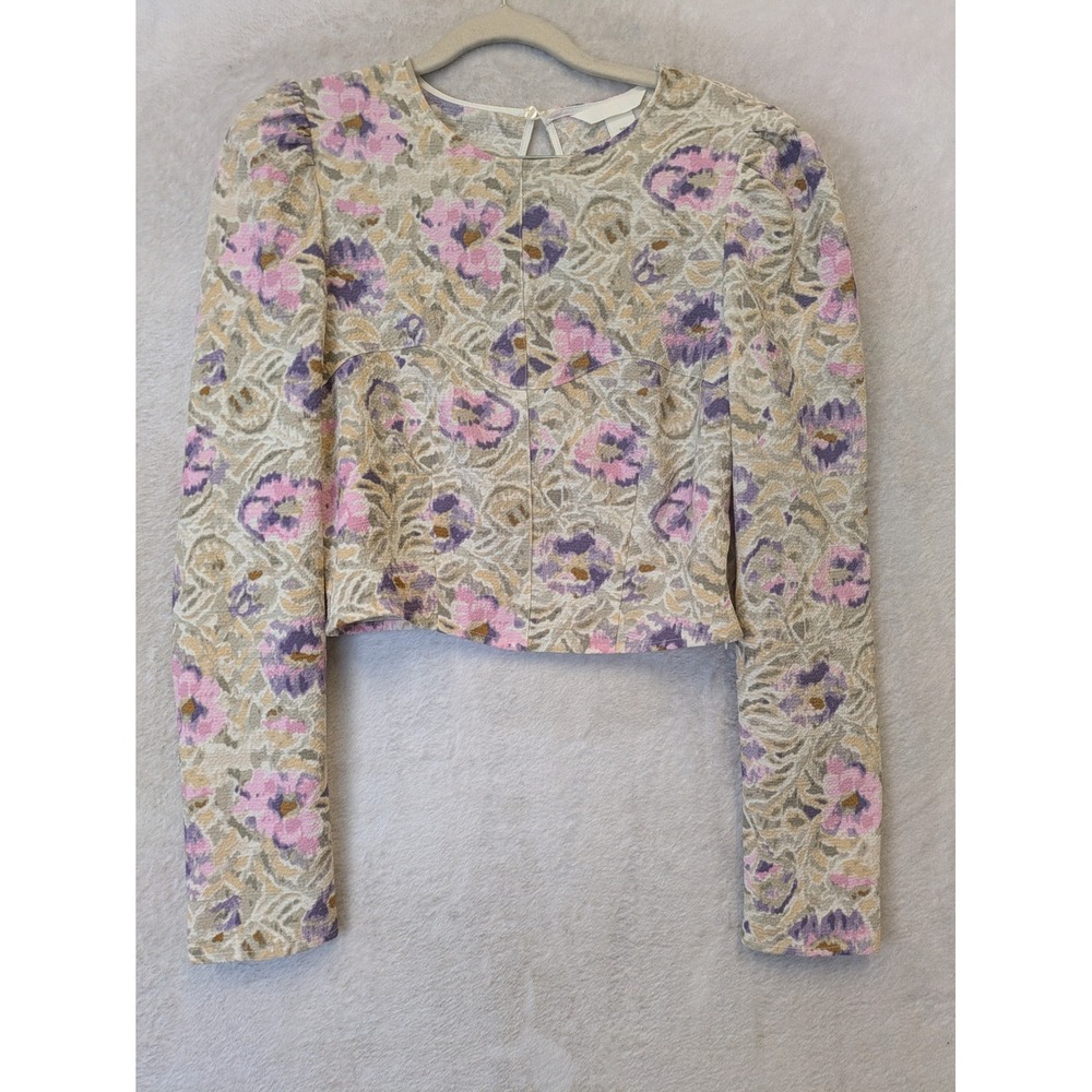 H&M Floral Jacquard Blouse Womens S Multi-Color Cropped Puff Sleeve Keyhole Back